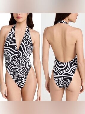 Mara Hoffman Black & White Graphic Halter One-Piece Swimsuit NWOT